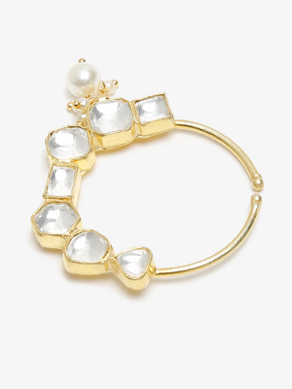 Gold-Polished White Kundan Studded Pearl Beaded Nose Pin - Ruby Raang