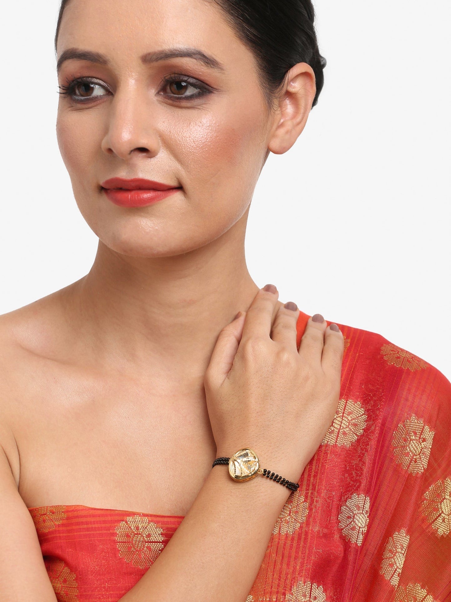 Women's Black Gold-Polished Charm Kundan Studded Mangalsutra Bracelet - Ruby Raang