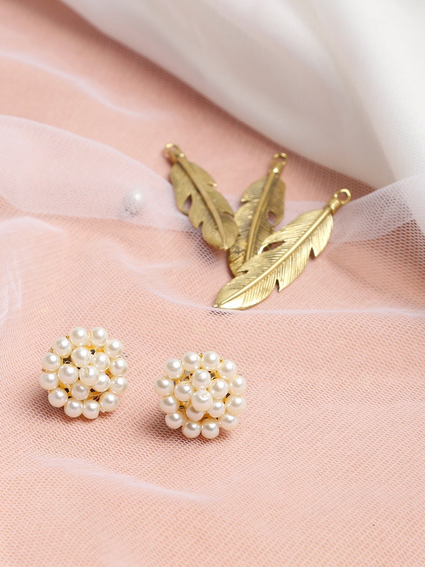 White Gold-Toned Pearl Circular Stud Earrings - Ruby Raang