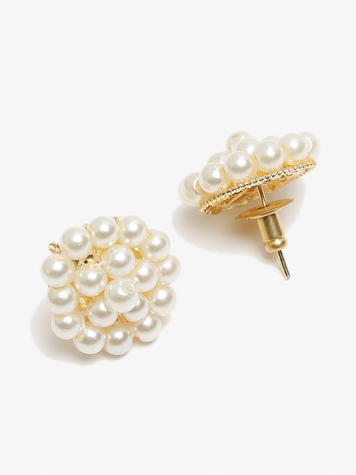 White Gold-Toned Pearl Circular Stud Earrings - Ruby Raang