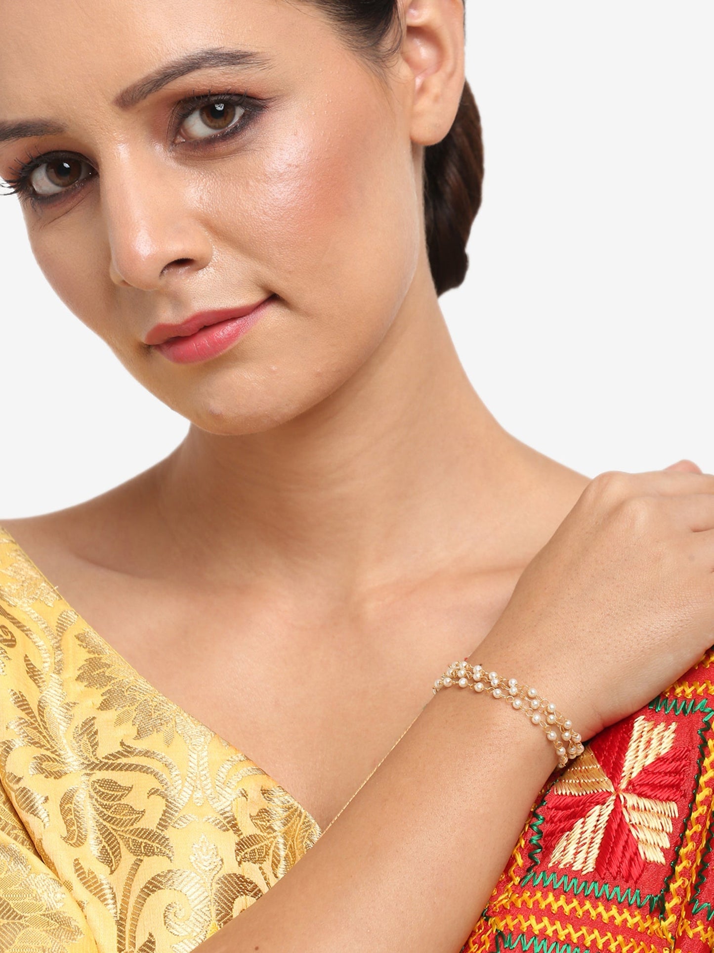 Women's Gold-Toned White Pearls Handcrafted Gold-Polished Multistrand Bracelet - Ruby Raang