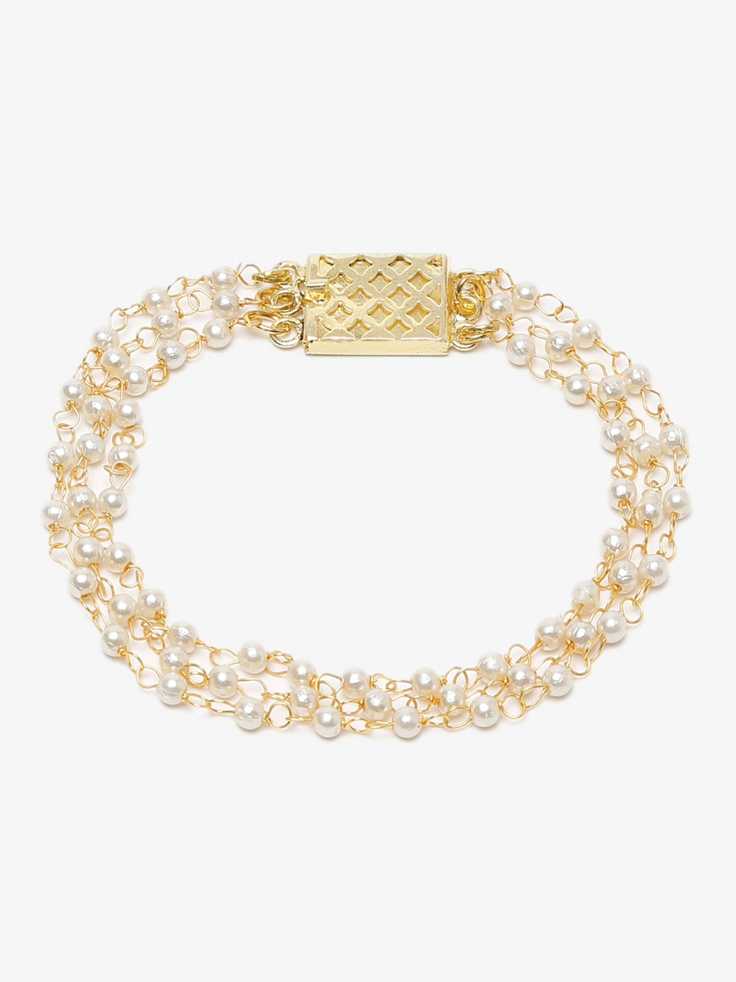 Women's Gold-Toned White Pearls Handcrafted Gold-Polished Multistrand Bracelet - Ruby Raang
