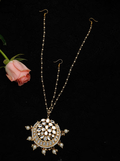 Gold-Polished White Kundan-Studded Pearl Beaded Handcrafted Maatha Patti - Ruby Raang