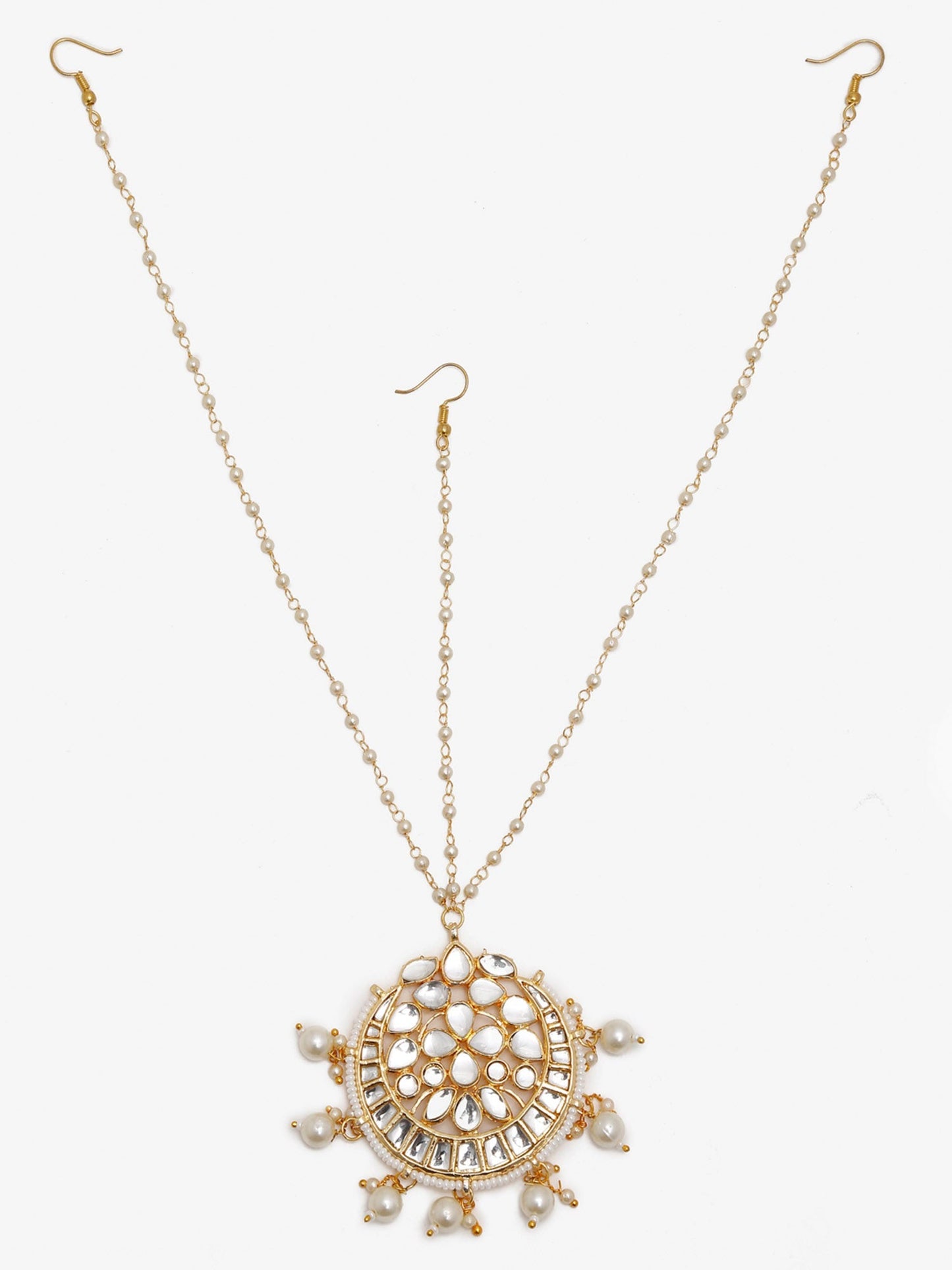 Gold-Polished White Kundan-Studded Pearl Beaded Handcrafted Maatha Patti - Ruby Raang