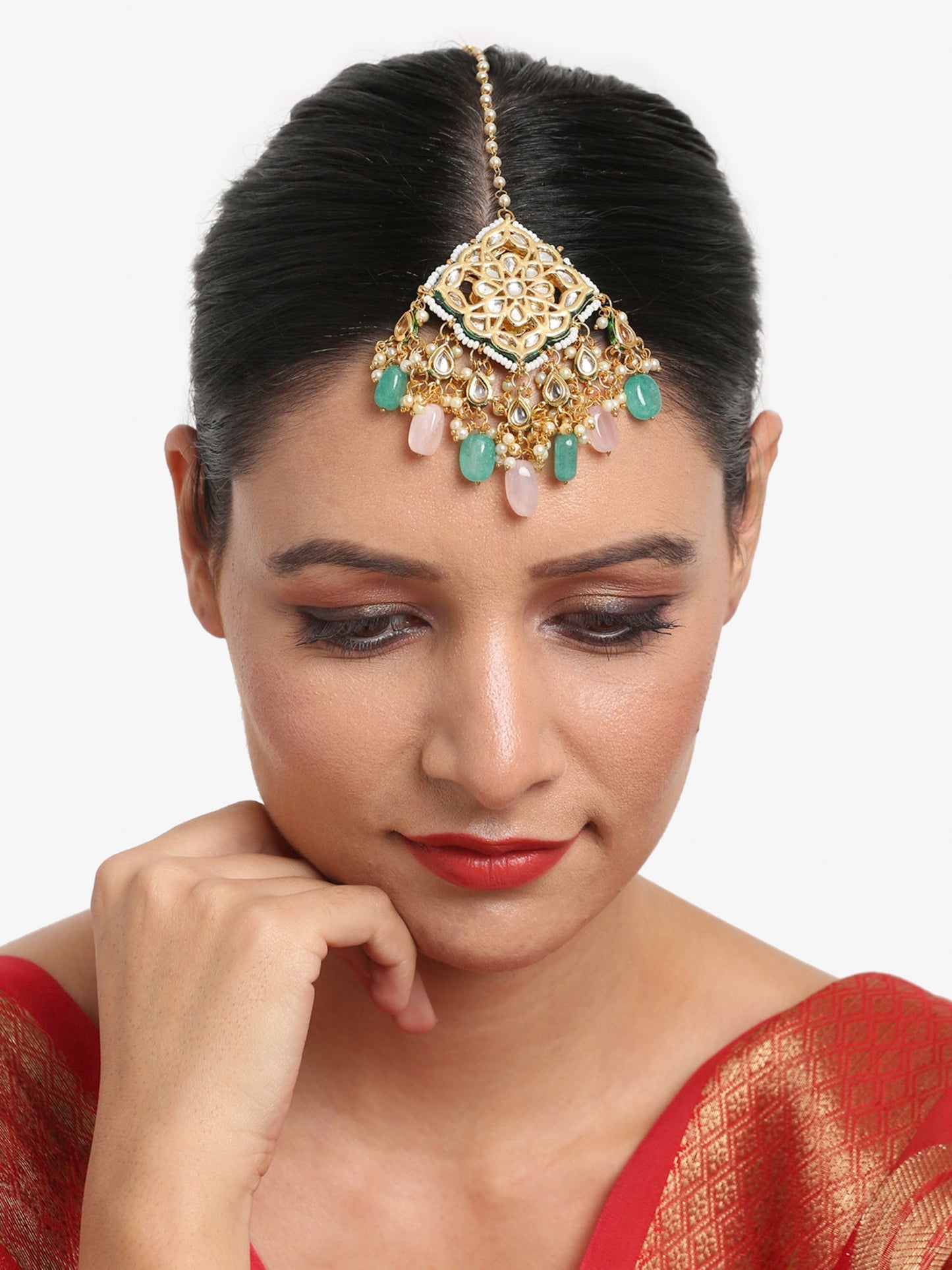 Multicoloured Gold-Polished Kundan Maang Tikka - Ruby Raang