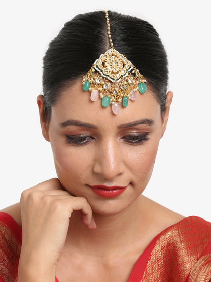 Multicoloured Gold-Polished Kundan Maang Tikka - Ruby Raang