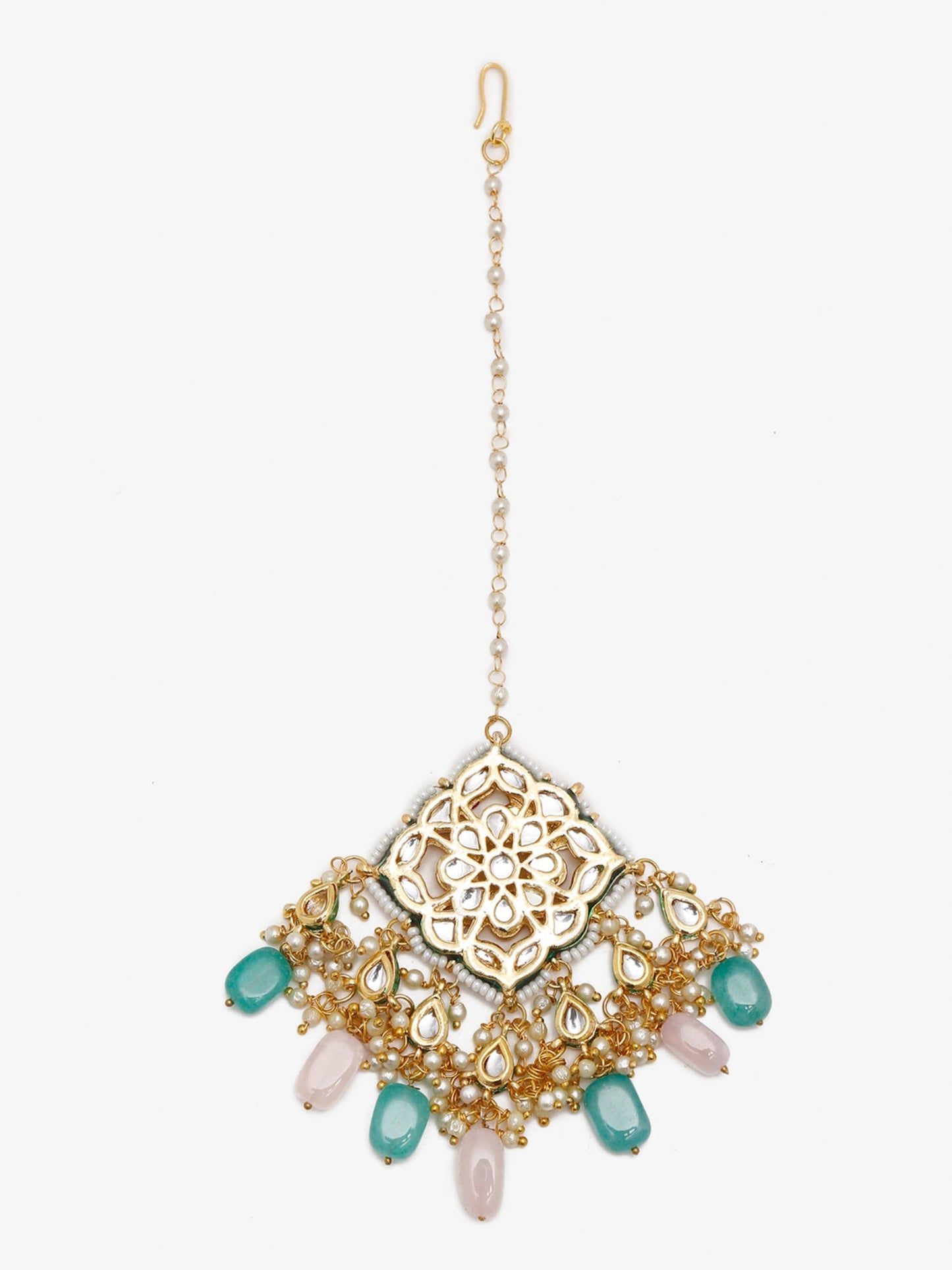 Multicoloured Gold-Polished Kundan Maang Tikka - Ruby Raang
