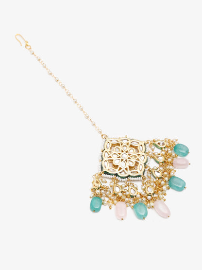 Multicoloured Gold-Polished Kundan Maang Tikka - Ruby Raang