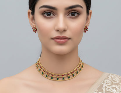 Jewel City Elegant Gold-Plated Ruby & Emerald choker with Floral Stud Earrings | Traditional Ethnic Jewelry Set