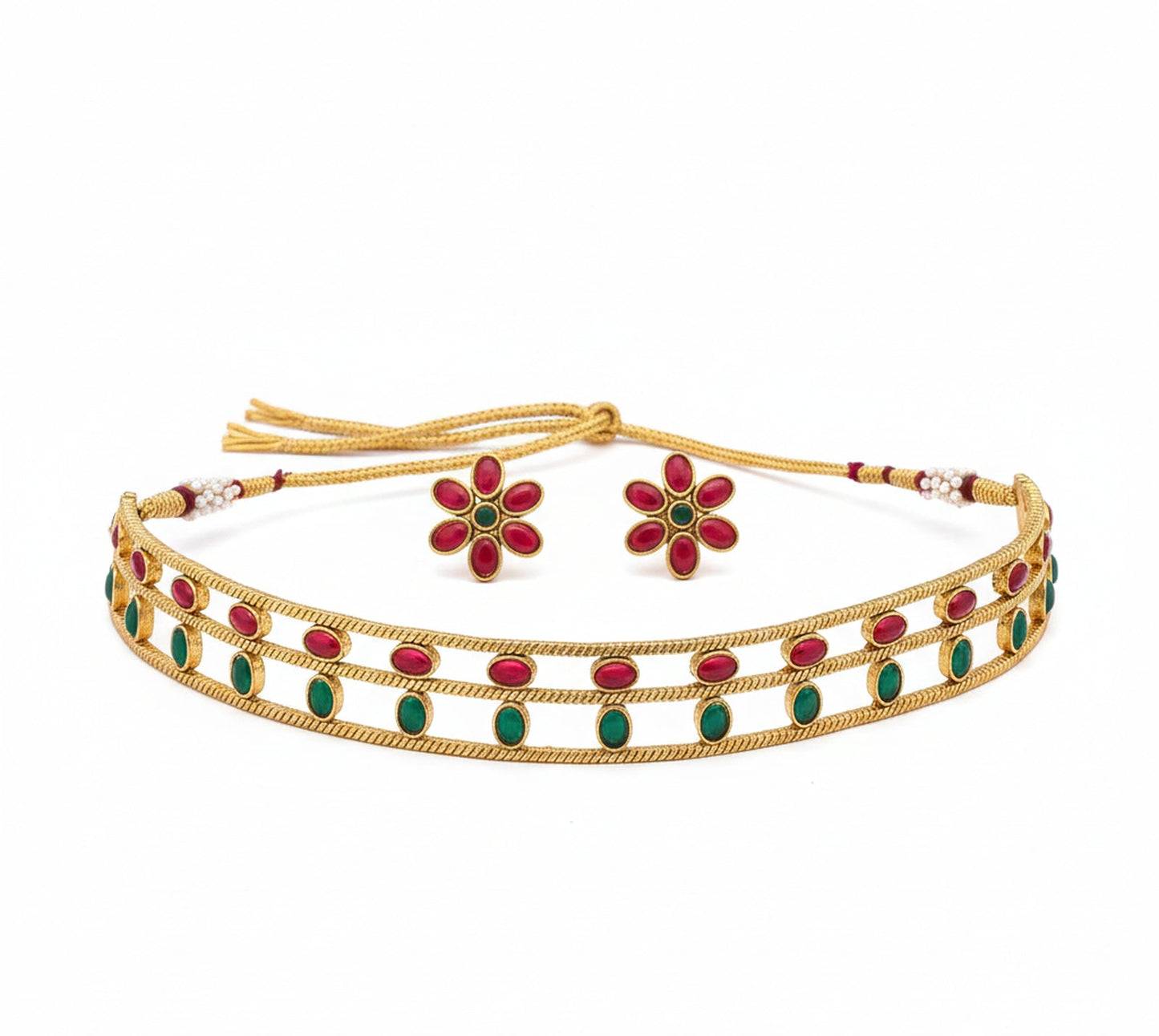 Jewel City Elegant Gold-Plated Ruby & Emerald choker with Floral Stud Earrings | Traditional Ethnic Jewelry Set