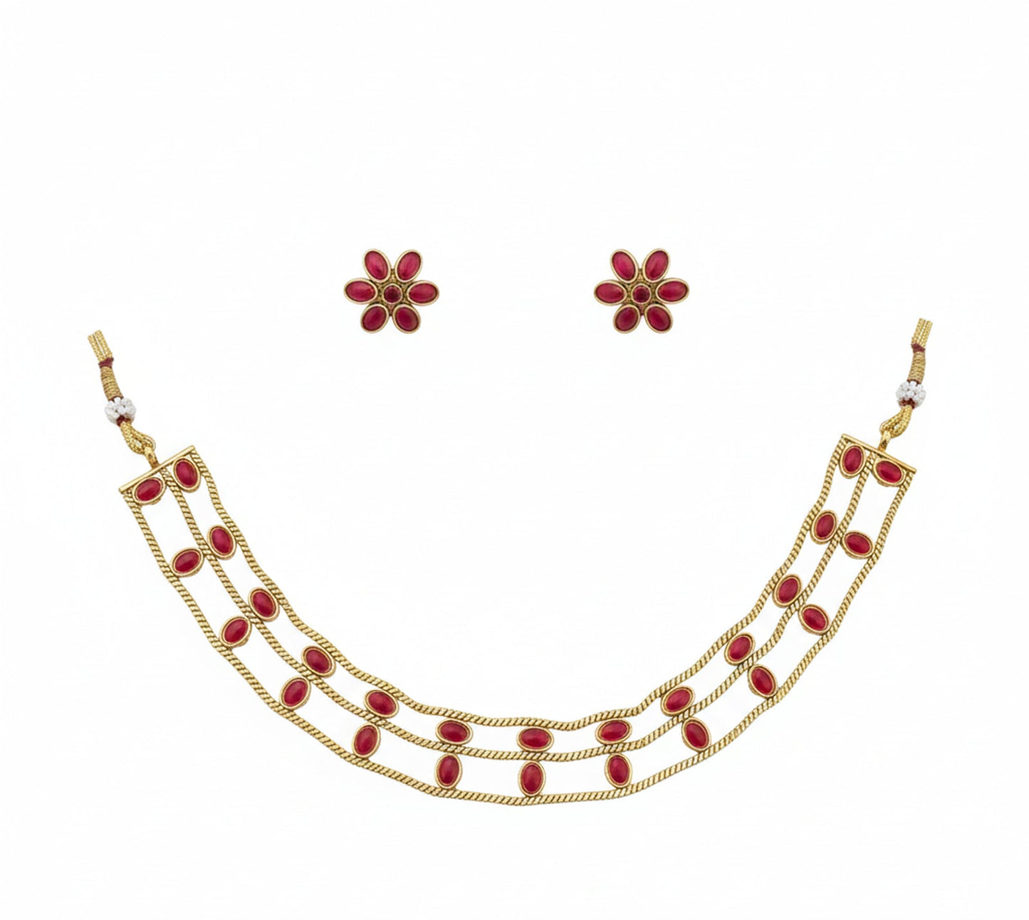 Jewel City Elegant Gold-Plated Ruby choker with Floral Stud Earrings | Traditional Ethnic Jewelry Set
