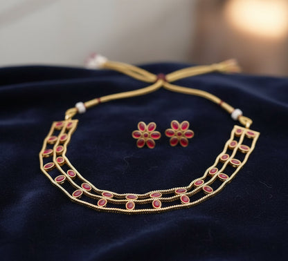 Jewel City Elegant Gold-Plated Ruby choker with Floral Stud Earrings | Traditional Ethnic Jewelry Set