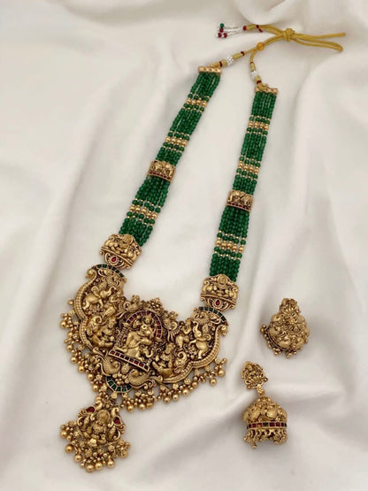 Jewel City Royal Temple Lakshmi Gold-Plated Bridal Haram Necklace Set with Jhumka Earrings, Green Beads, Traditional Jewelry