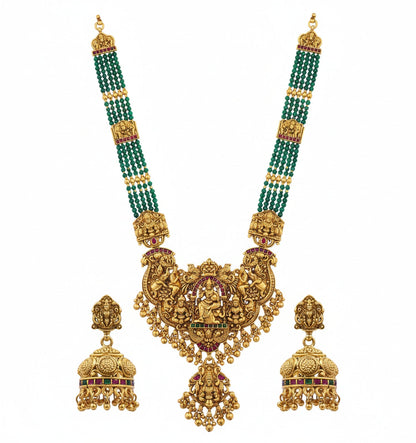 Jewel City Royal Temple Lakshmi Gold-Plated Bridal Haram Necklace Set with Jhumka Earrings, Green Beads, Traditional Jewelry