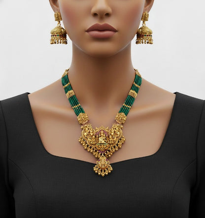 Jewel City Royal Temple Lakshmi Gold-Plated Bridal Haram Necklace Set with Jhumka Earrings, Green Beads, Traditional Jewelry