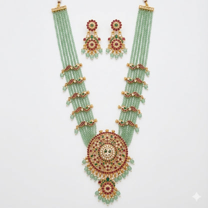 Jewel City Handcrafted Kundan & Mint Green Bead Long Necklace Set | Traditional Gold-Plated Ethnic Jewelry For Weddings & Bridal