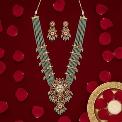 Jewel City Handcrafted Kundan & Mint Green Bead Long Necklace Set | Traditional Gold-Plated Ethnic Jewelry For Weddings & Bridal