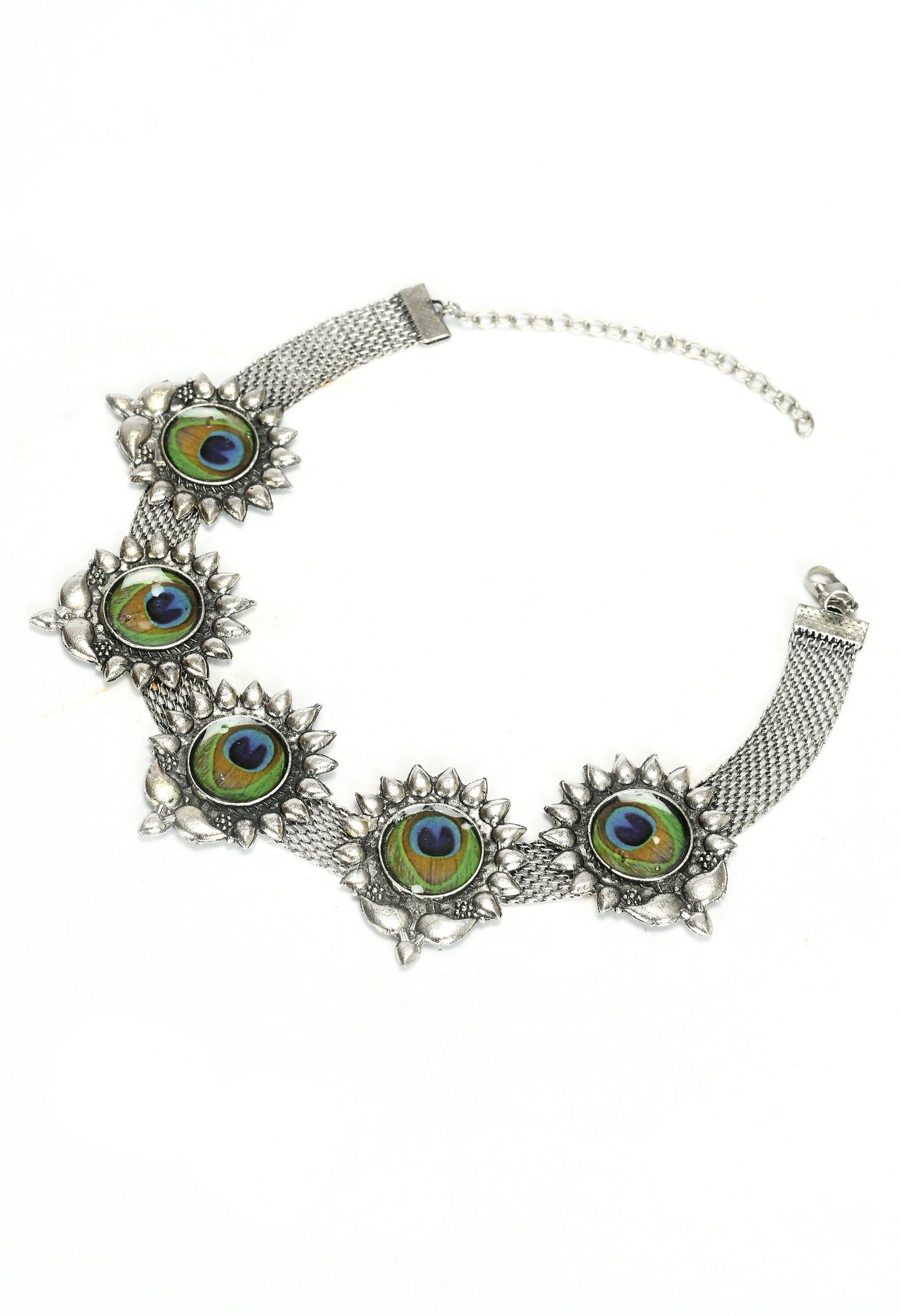 Mominos Fashion Johar Kamal Oxidised Silver-Plated Peacock Wings Work Necklace Handicraft