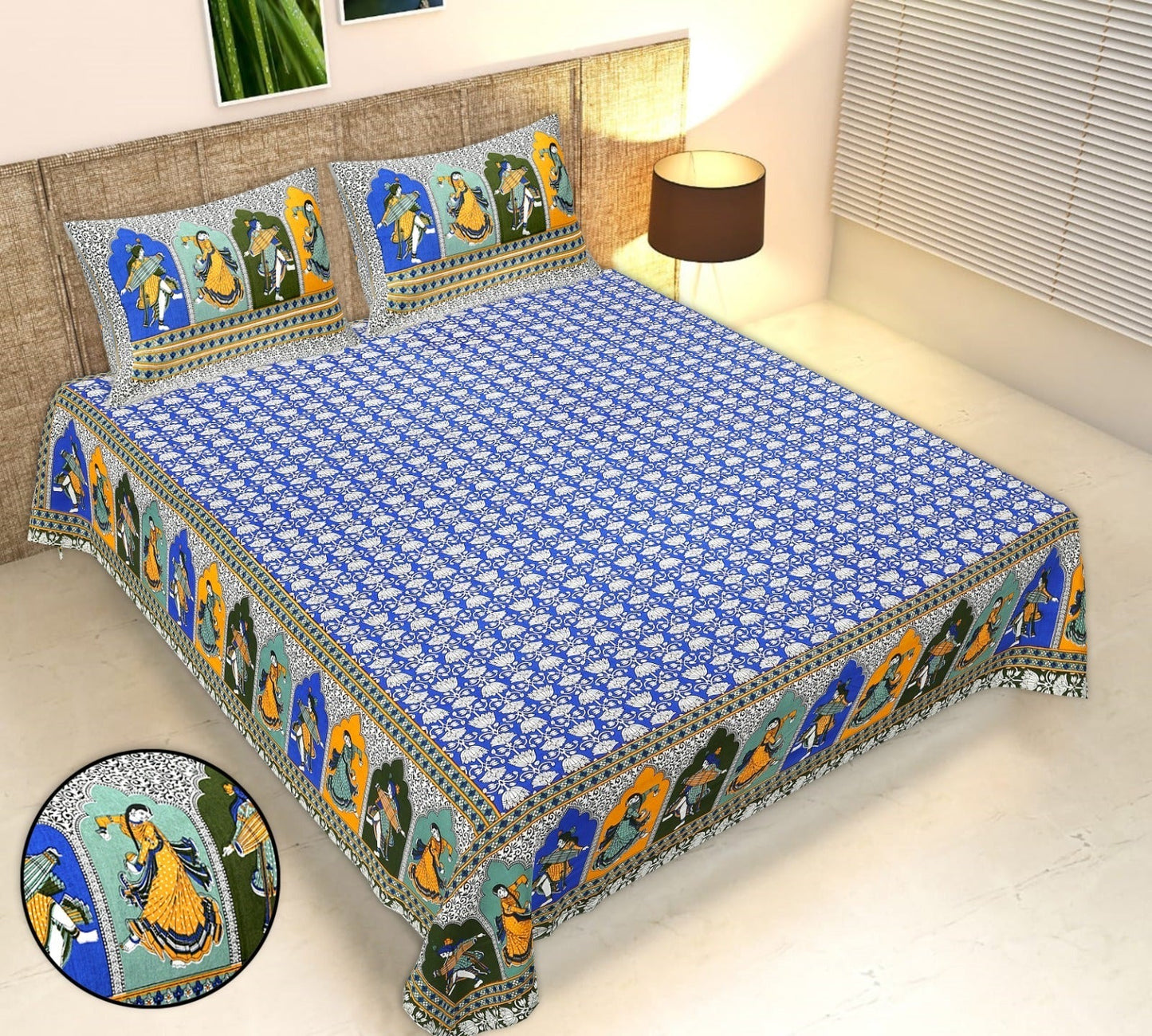 Rudra Bazaar Multicolour 210 TC Cotton Double King Bedsheet With 2 Pillow Covers
