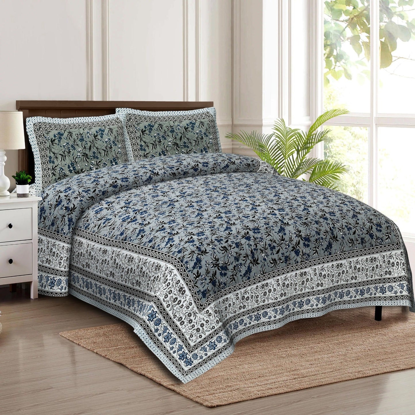 Rudra Bazaar Multicolour 210 TC Cotton Double King Bedsheet With 2 Pillow Covers