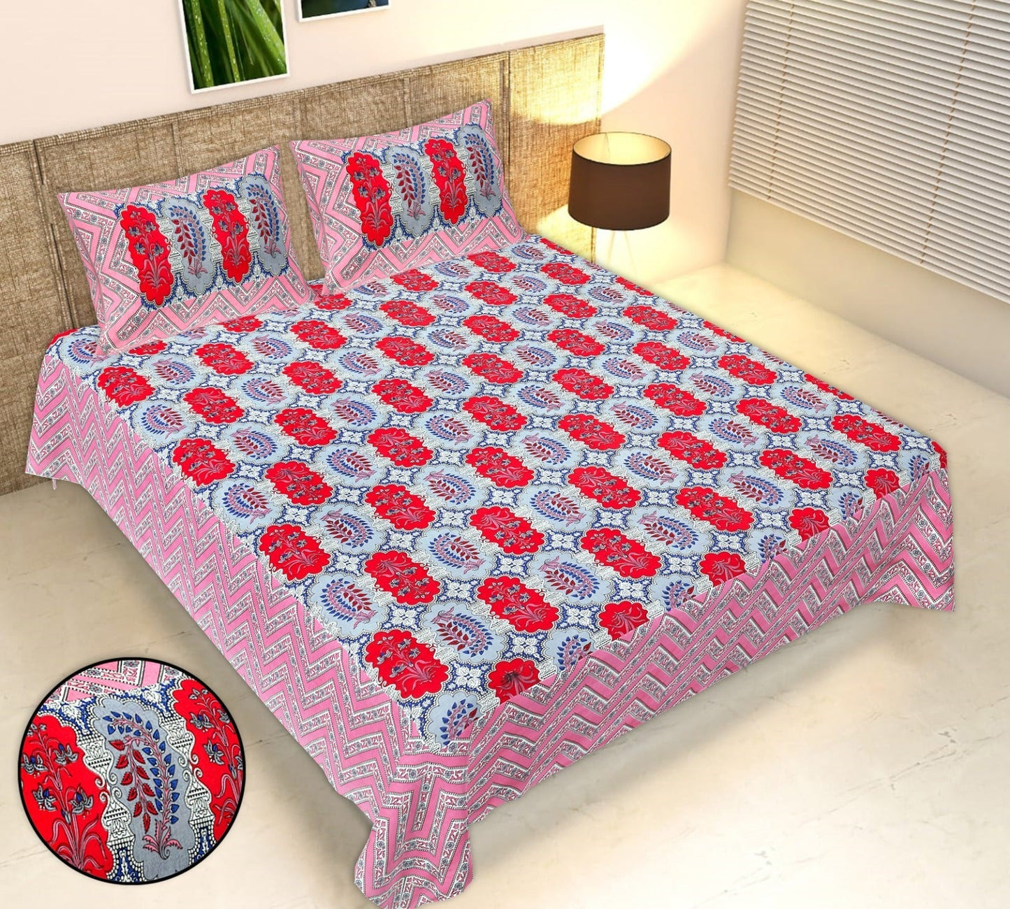 Rudra Bazaar Multicolour 210 TC Cotton Double King Bedsheet With 2 Pillow Covers