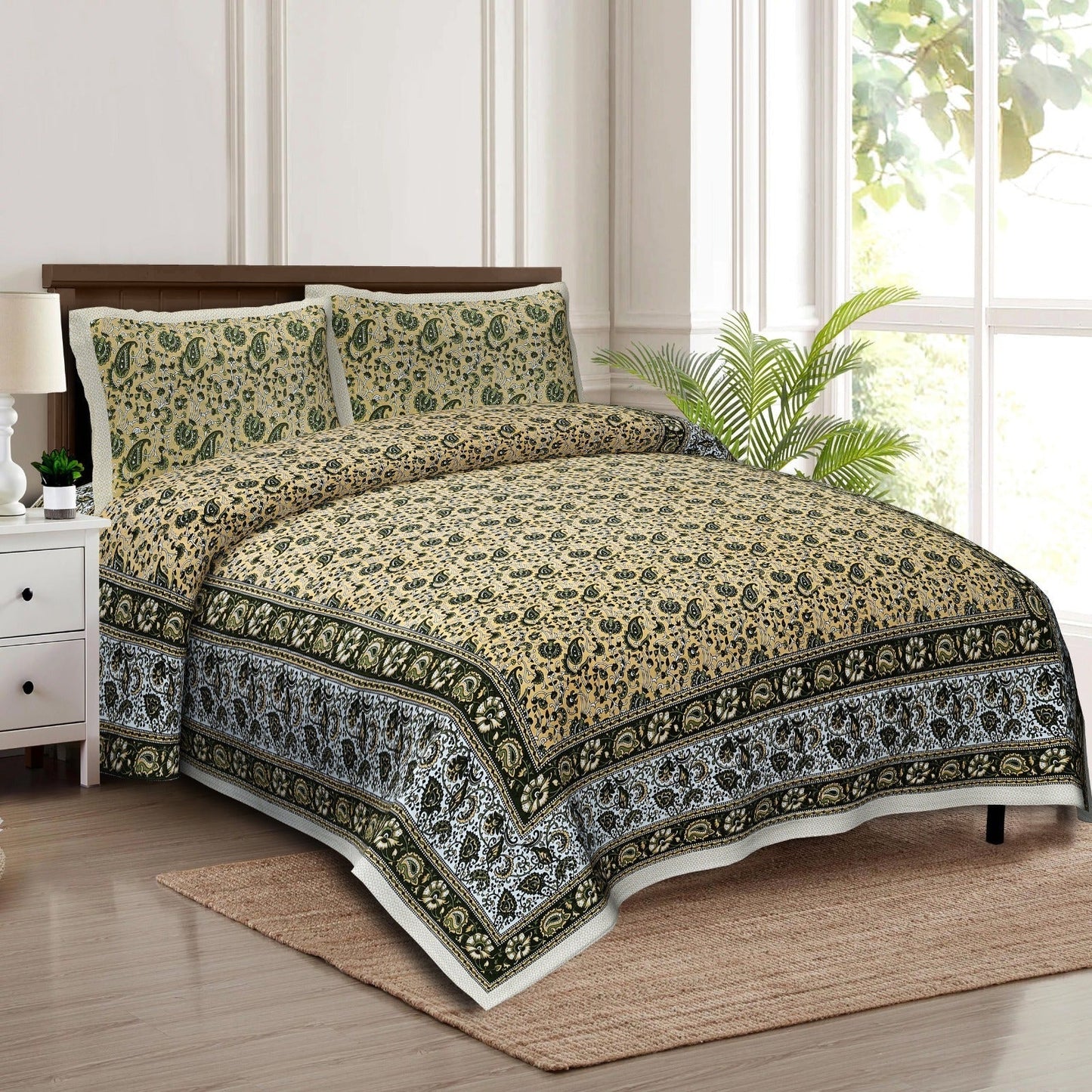 Rudra Bazaar Multicolour 210 TC Cotton Double King Bedsheet With 2 Pillow Covers