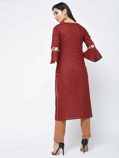 Aniyah Cotton Criss Cross Bell Sleeves Straight Kurta In Maroon (AN-101B)