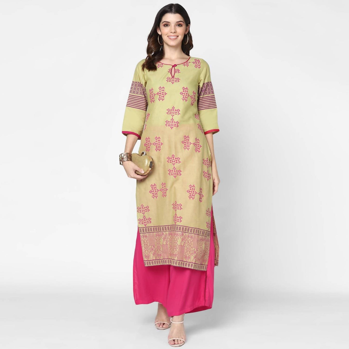 Cheera Hand Block Print Green & Pink Straight Kurta With Palazzo (MAAI-079K)
