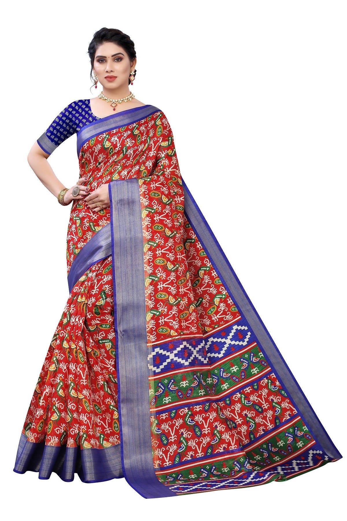 Vamika Red and Blue Linen Jari Border Saree Online At Low Price