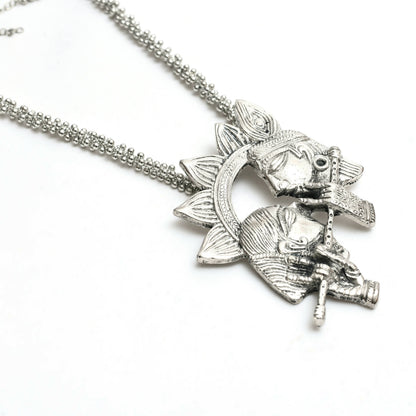 Mominos Fashion Johar Kamal Oxidised Silver-Plated Brass Finish Radha Kishan Long Necklace For Women (Silver)