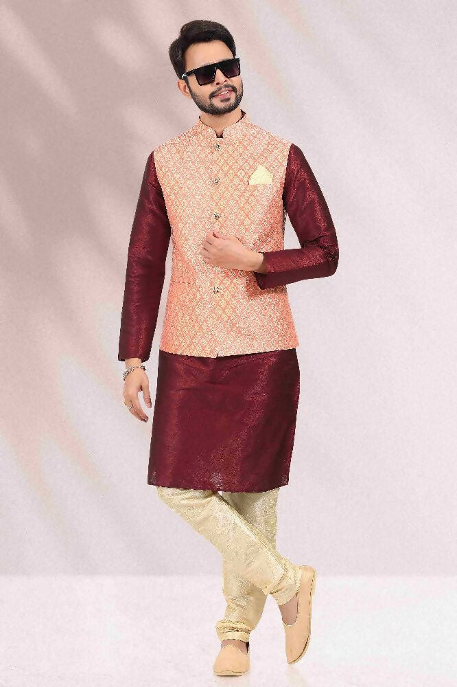 Raivat Ethnic Jacquard Banarasi Silk Woven Work 3 Pics Jacket Set In Peach Colour
