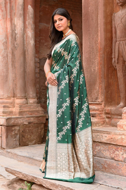 Joban Fashion Emerald Green Banarasi Katan Pure Handloom Banarasi Silk Saree