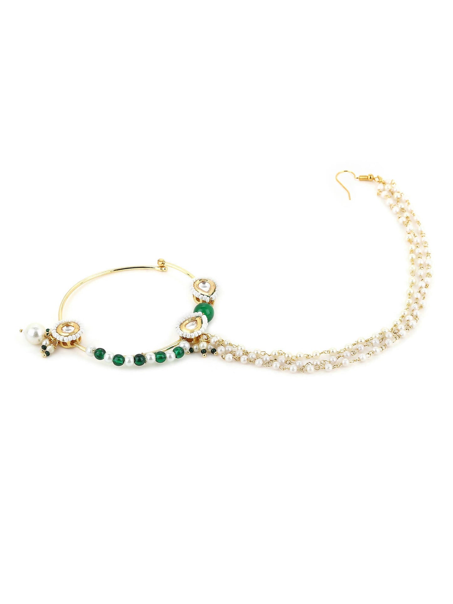 Gold-Polished White Green Kundan-Studded Pearl Beaded Nosepin - Ruby Raang