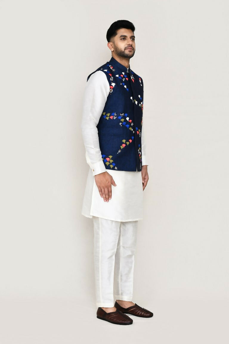 Joban Fashion White Colored Art Silk Fabric Kurta, Jacket With Straight Fit Pant