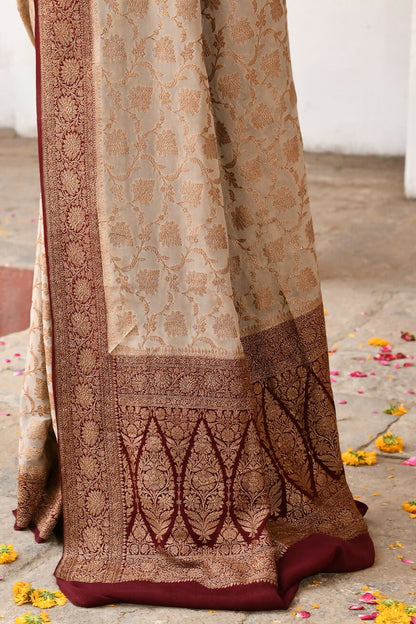 Joban Fashion Crème Crepe Chiffon Pure Handloom Banarasi Silk Saree