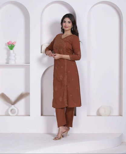 Miravan Womens Brown Floral Printed Angrakha Style Kurta With Palazzo