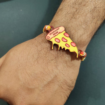 Indianvibez Bhukkad Bhai Pizza Wooden Rakhi with Rudraksha, Food Rakhi for Brother, Shop India - Kids Rakhi