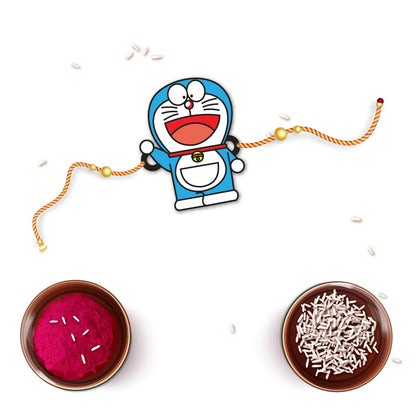 Indianvibez Doraemon Wooden Rakhi with Rudraksha, Cartoon Rakhi for Bro, Shop India - Kids Rakhi