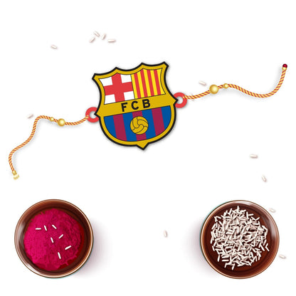 Indianvibez FC Barcelona Wooden Rakhi with Rudraksha, Barca Rakhi for Bro, Shop India - Kids Rakhi