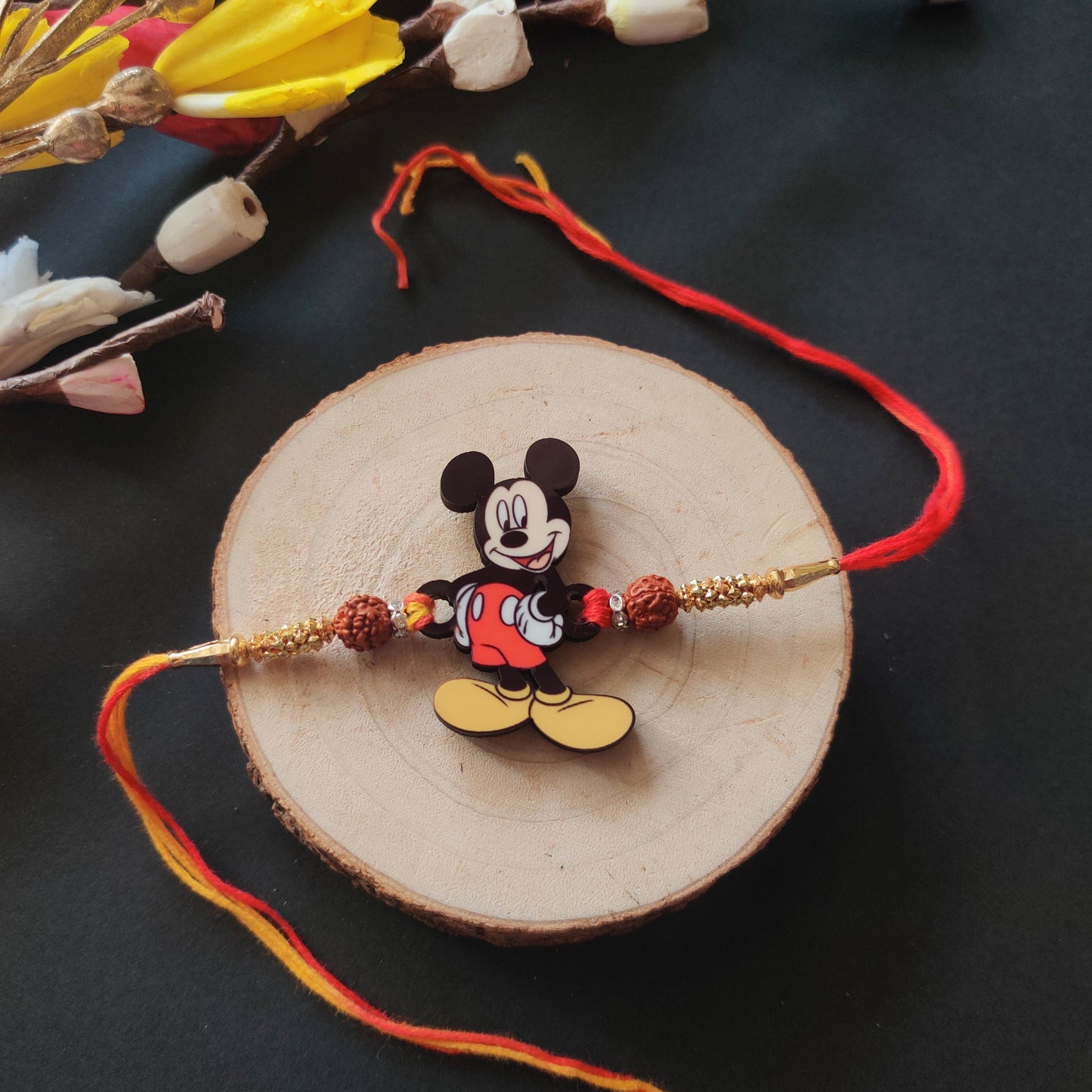 Indianvibez Mickey Wooden Rakhi with Rudraksha, Cartoon Rakhi for Brother, Shop India - Kids Rakhi