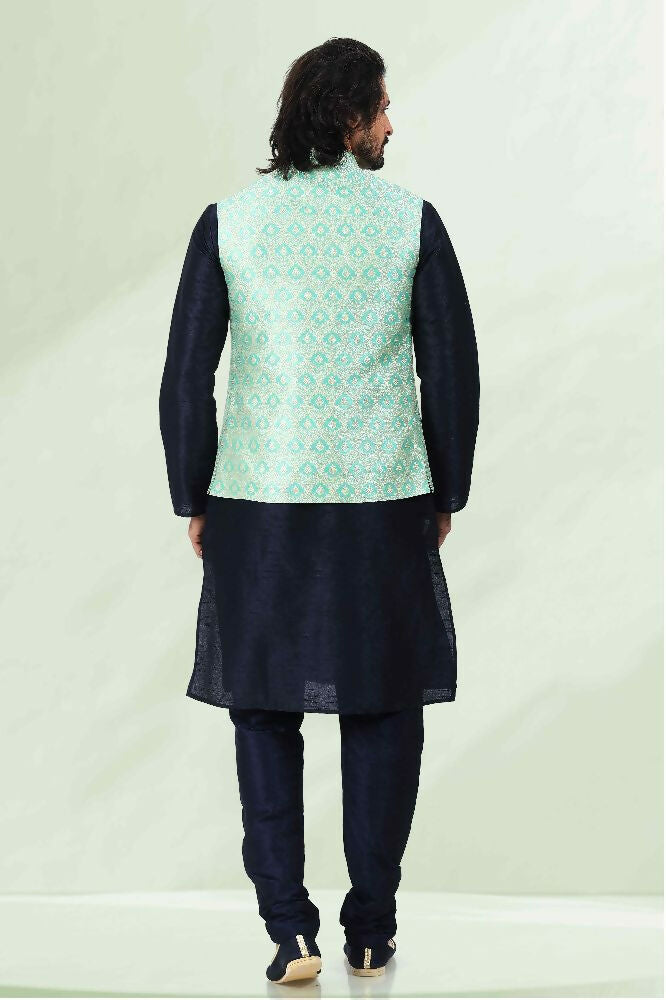 Raivat Ethnic Jacquard Banarasi Silk Woven Work 3 Pics Jacket Set In Pista Green Colour