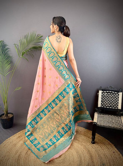 Elora Baby Pink Soft Silk Butti Zari Weaving Contrast Pallu Banarasi Saree