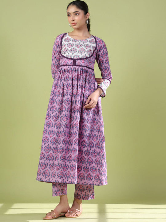 Anayna Women Floral Printed Angrakha Pure Cotton Kurta with Trousers