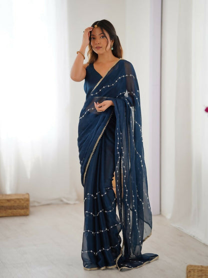 Petrol Sitara Chiffon Designer Beads Moti,Val Sequence Work Saree - Noorie