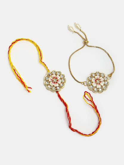 NVR Women & Men Set of 2 Gold Kundan-Studded Bhaiya Bhabhi Rakhi Set With Roli Chawal