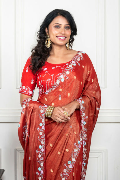 Morchari Rust Red Pure Chiffon Hand Embroidery Saree And Stitched Blouse