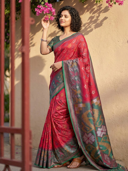 Anaita Red Pochampally Printed Saree With Blouse