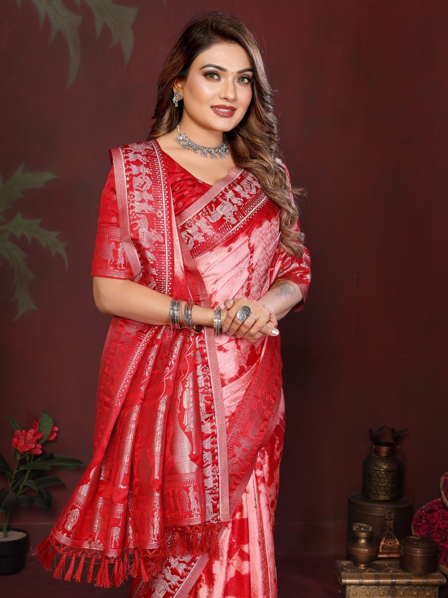 Anaita Red Zari Weaving Work Satin Silk Saree With Blouse