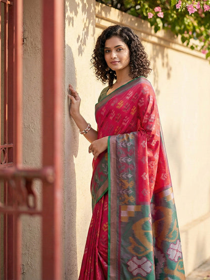 Anaita Red Pochampally Printed Saree With Blouse
