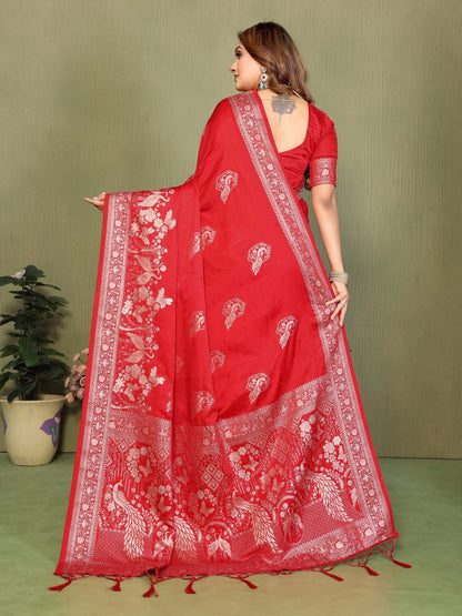 Anaita Red Zari Butta Work Satin Silk Saree With Blouse